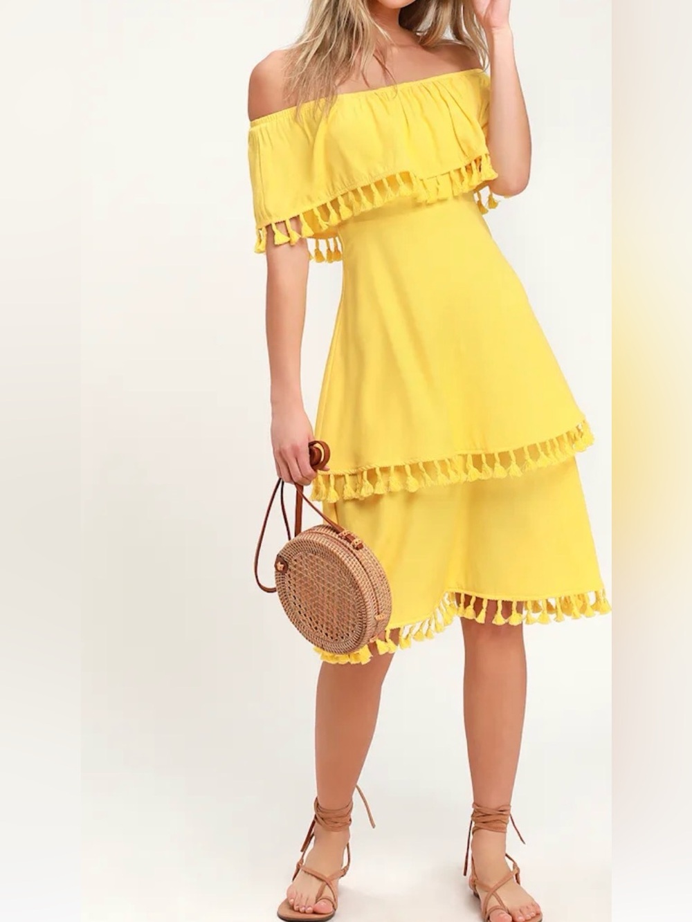 Lulus Pensacola Yellow Off-the-Shoulder Tasseled Midi Dress